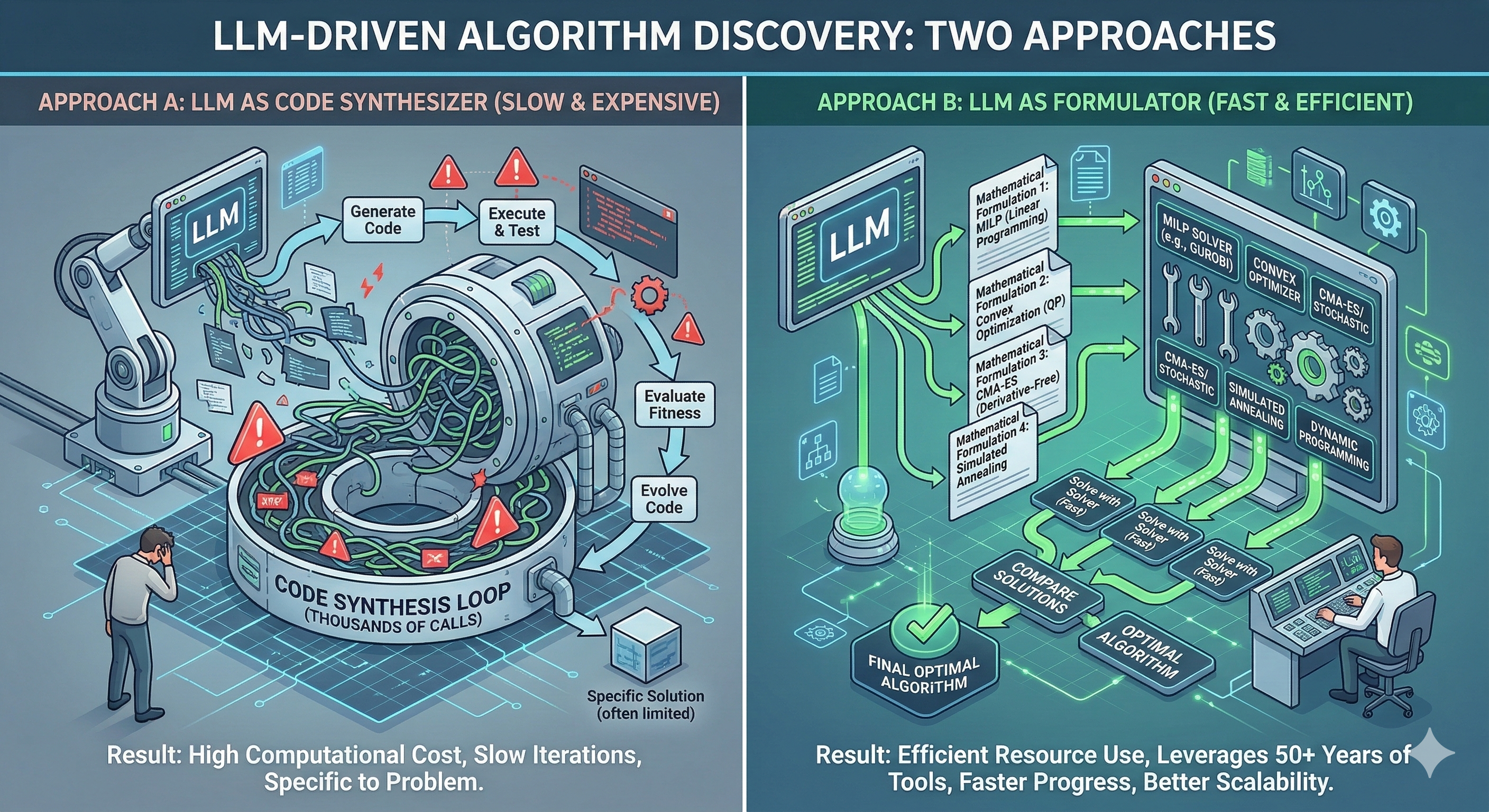 Diagram comparing LLM as code synthesizer (thousands of calls) versus LLM as formulator routing to classical solvers