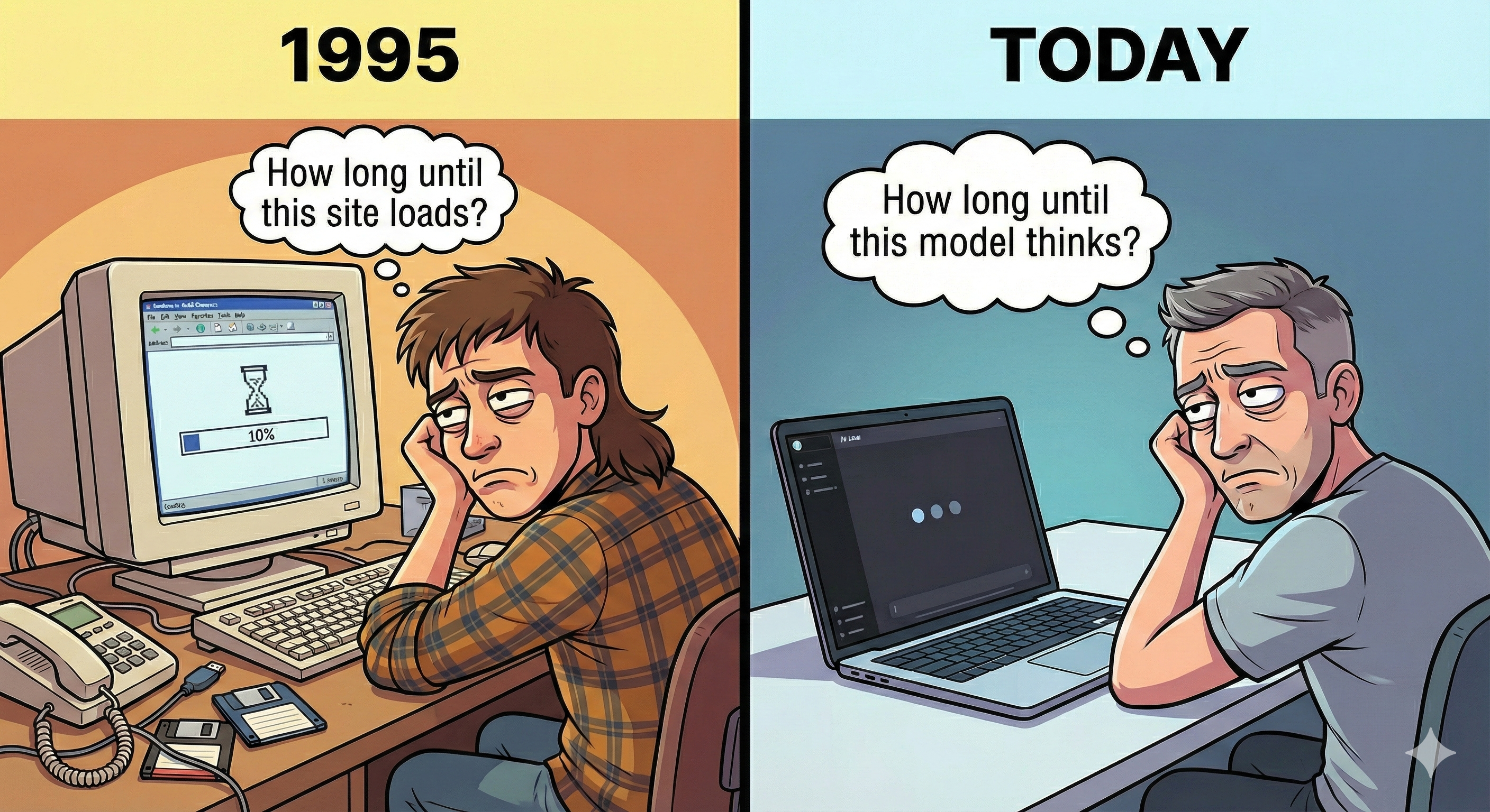 Side by side comparison: 1995 waiting for a site to load vs today waiting for an AI model to think