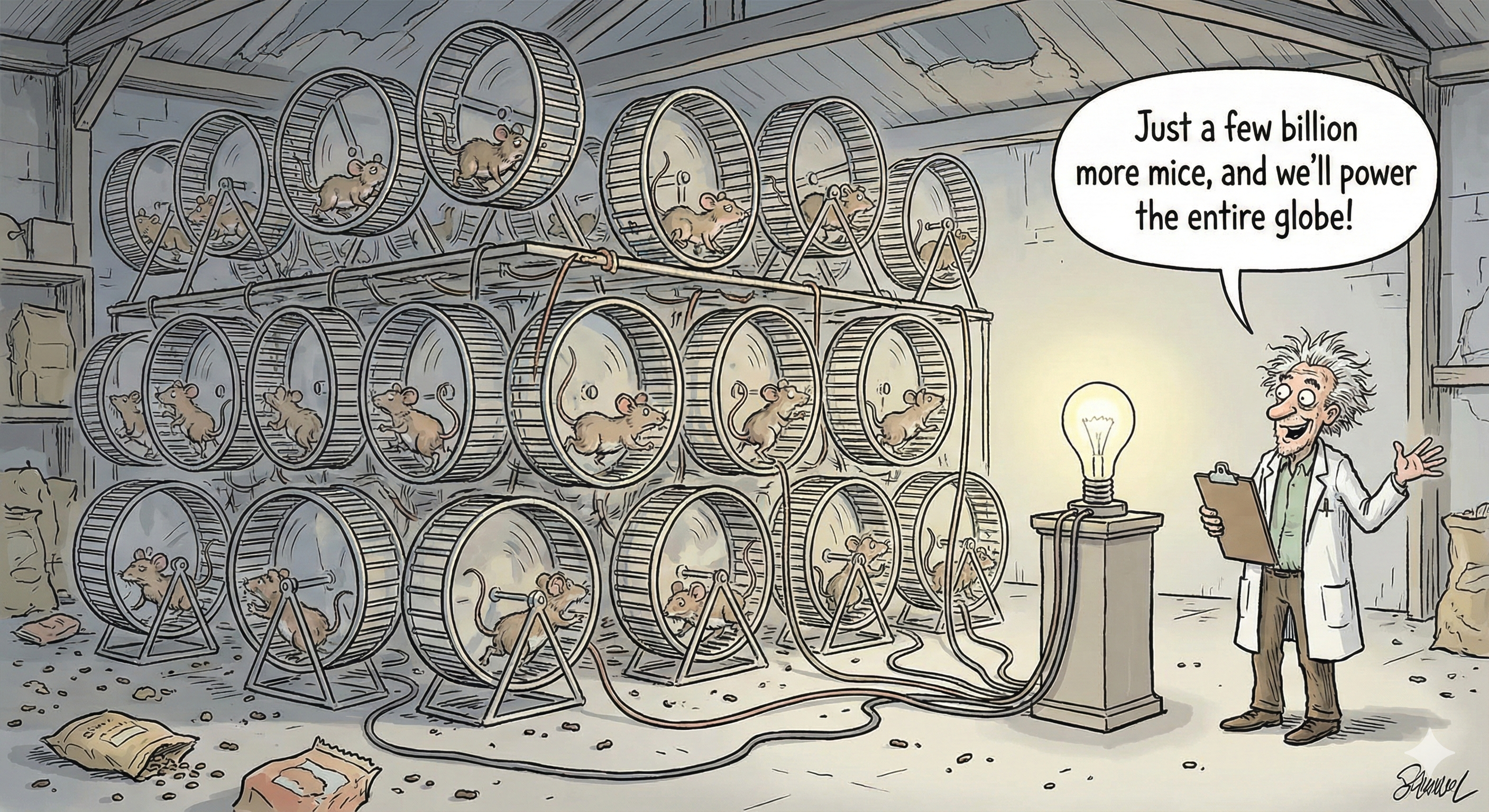 A scientist watching mice on wheels power a single lightbulb, saying just a few billion more mice and we'll power the globe