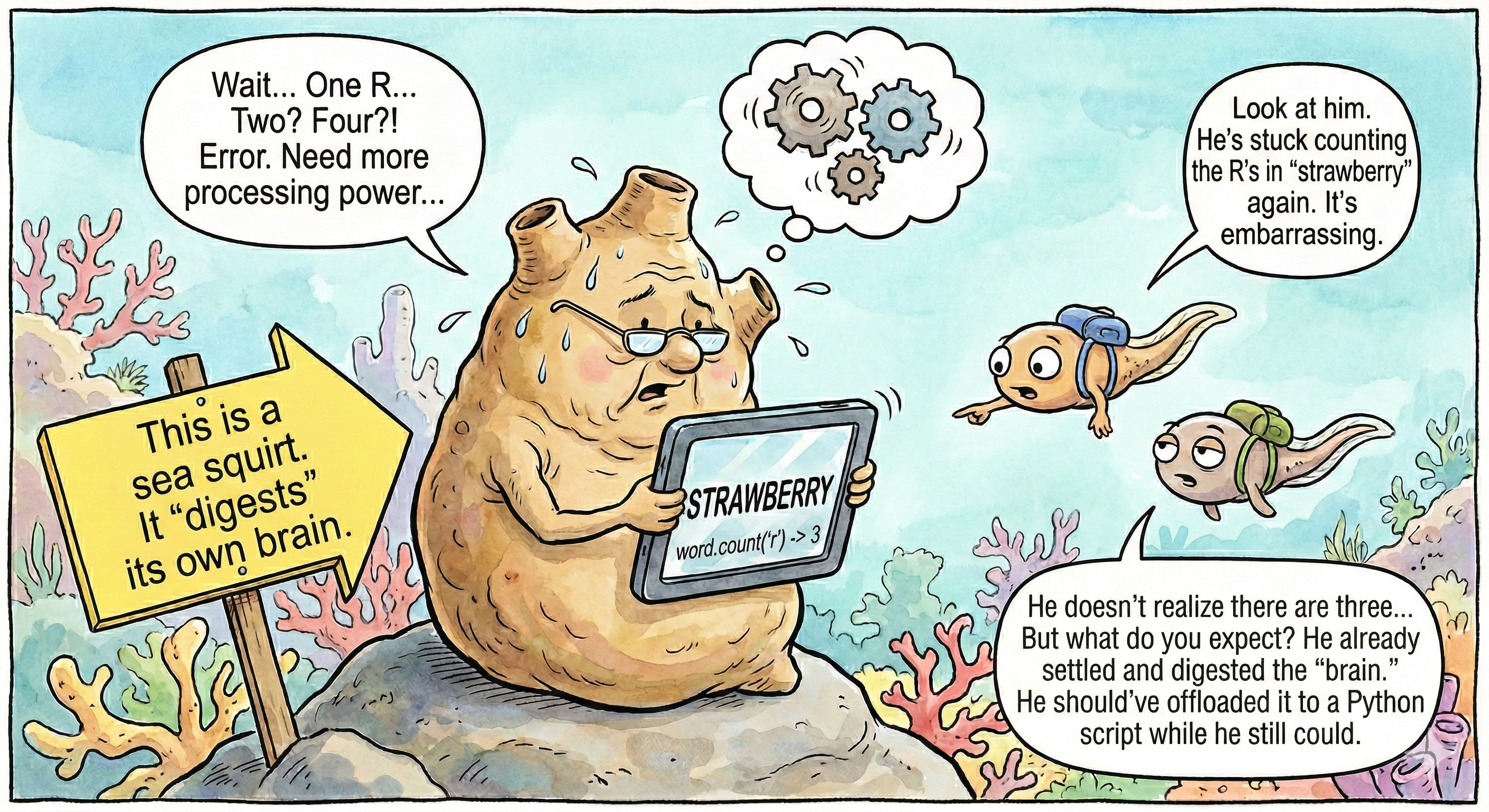 A cartoon sea squirt struggling to count R's in strawberry while baby sea squirts suggest offloading to a Python script